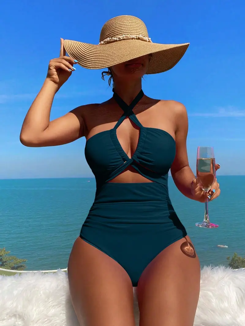 Traje de baño monokini para mujer de unicolor con ribete de volantes y huecos, perfecto para vacaciones en la playa