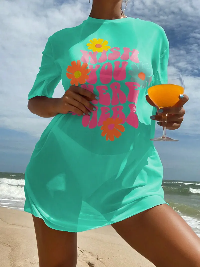 Vestido cover up con estampado floral con slogan de hombros caídos de malla sin set bikini