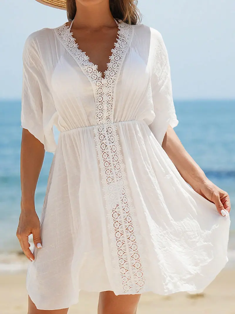 Vestido de encubrimiento de playa para mujeres de unicolor con encaje empalmado en el escote en V