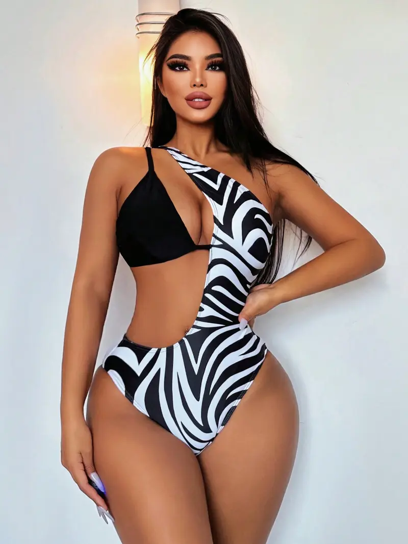 Vestido de mujeres hombro único con abertura una pieza con con estampado de cebra