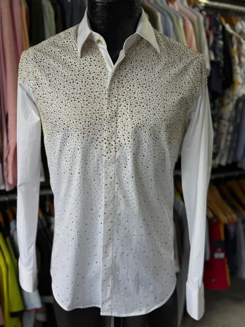 White & Gold Rhinestone Dress Shirt | XLF 30 White